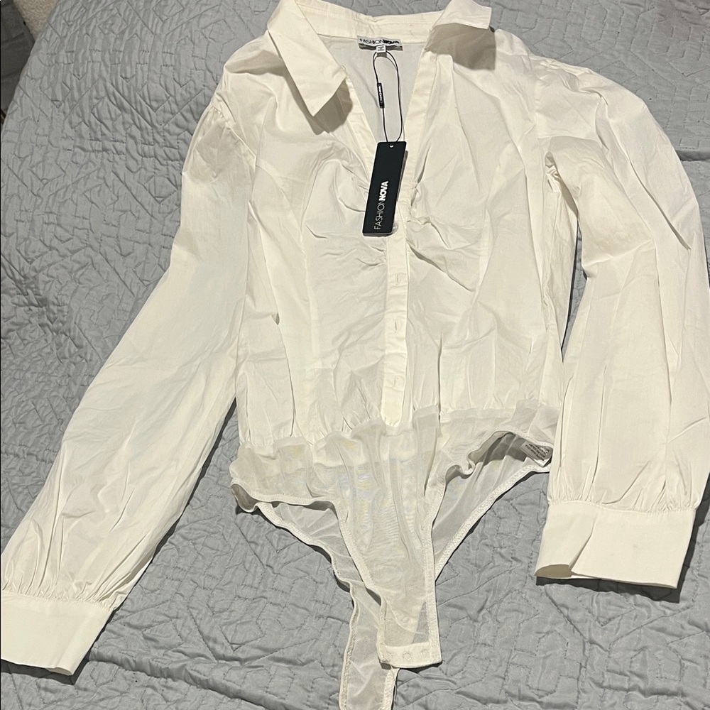 Fashion Nova Cream Button-Up Shirt